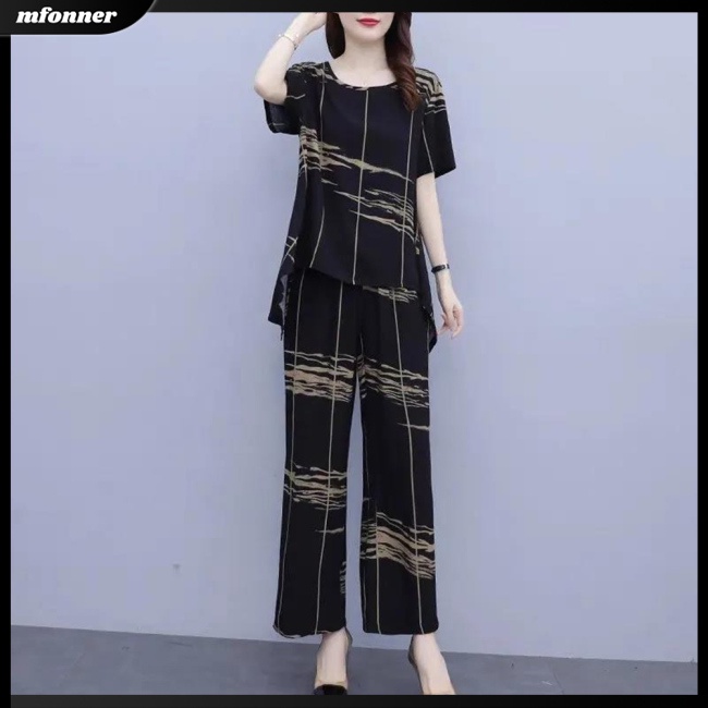 Bộ Trang Phục 2 Mảnh Áo Thun Tay Ngắn Cổ Tròn In Họa Tiết + Quần Dài Ống Rộng Thời Trang Cho Nữ