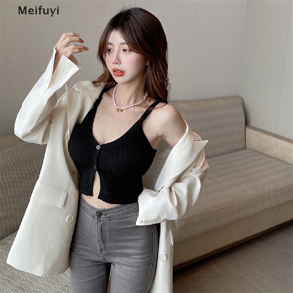 Áo Croptop Dệt Kim Sát Nách Cổ Chữ V Cài Nút Dáng Ôm Thời Trang Cho Nữ