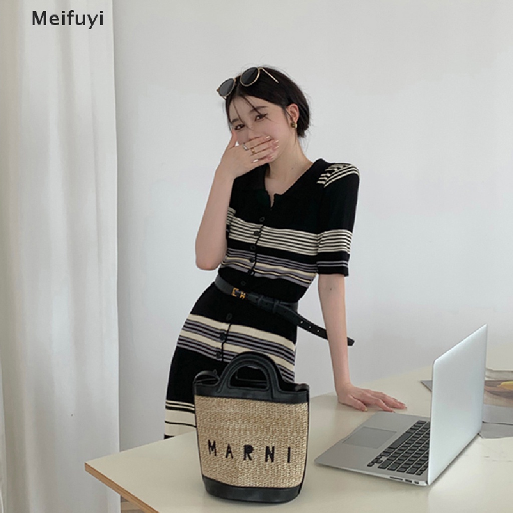 Đầm Maxi Dệt Kim Tay Ngắn Dáng Chữ A Lưng Cao Họa Tiết Kẻ Sọc Thời Trang Xinh Xắn Cho Nữ