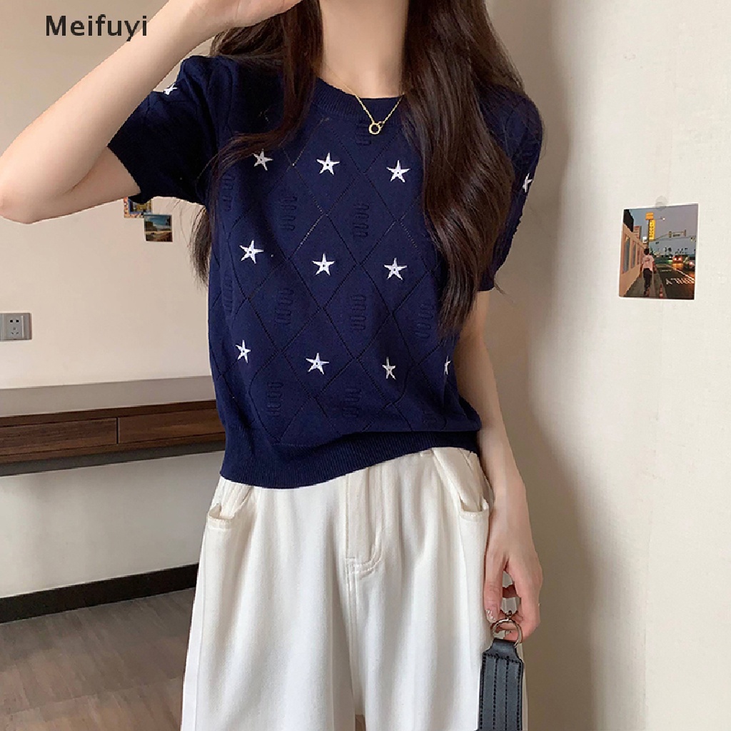 Áo Thun Dệt Kim Tay Ngắn Cổ Tròn Thêu Hình Ngôi Sao Phong Cách Retro Dành Cho Nữ