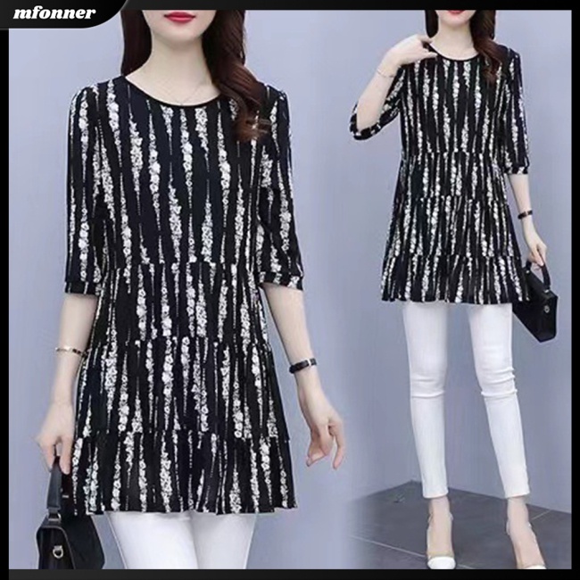 Áo Thun Chiffon Chui Đầu Dáng Rộng Cổ Tròn In Họa Tiết Kẻ Sọc Kiểu Retro Xinh Xắn Cho Bạn Gái