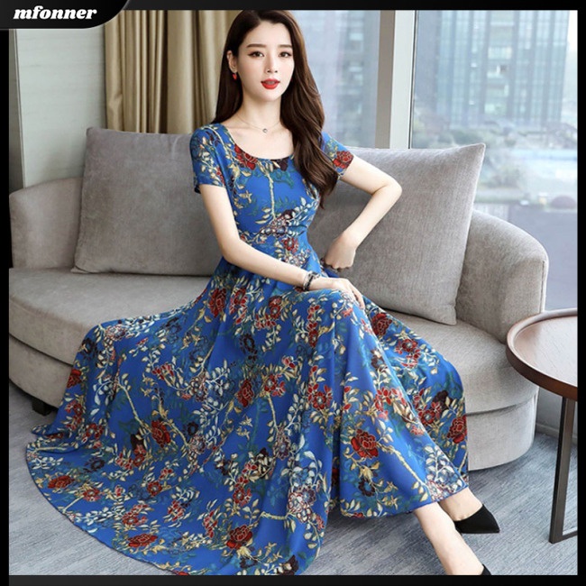 Đầm Dài Dáng Chữ A Tay Ngắn Họa Tiết Hoa Thời Trang Mùa Hè Cho Nữ
