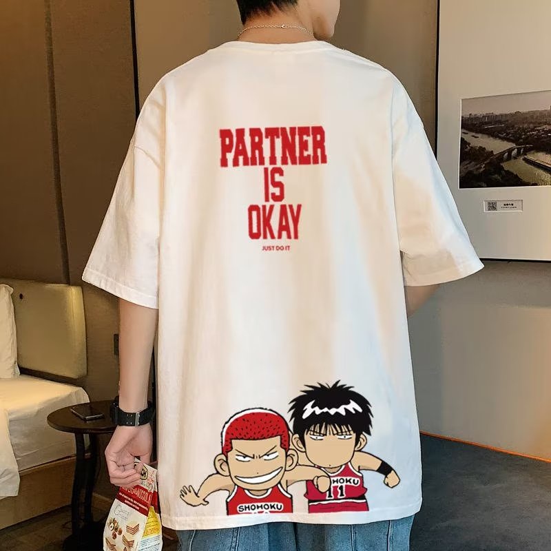 Áo Thun Nam Oversize Tay Ngắn Dáng Rộng Màu Đen In Họa Tiết Hoạt Hình Slam Dunk Thời Trang áo phông nam boy phố