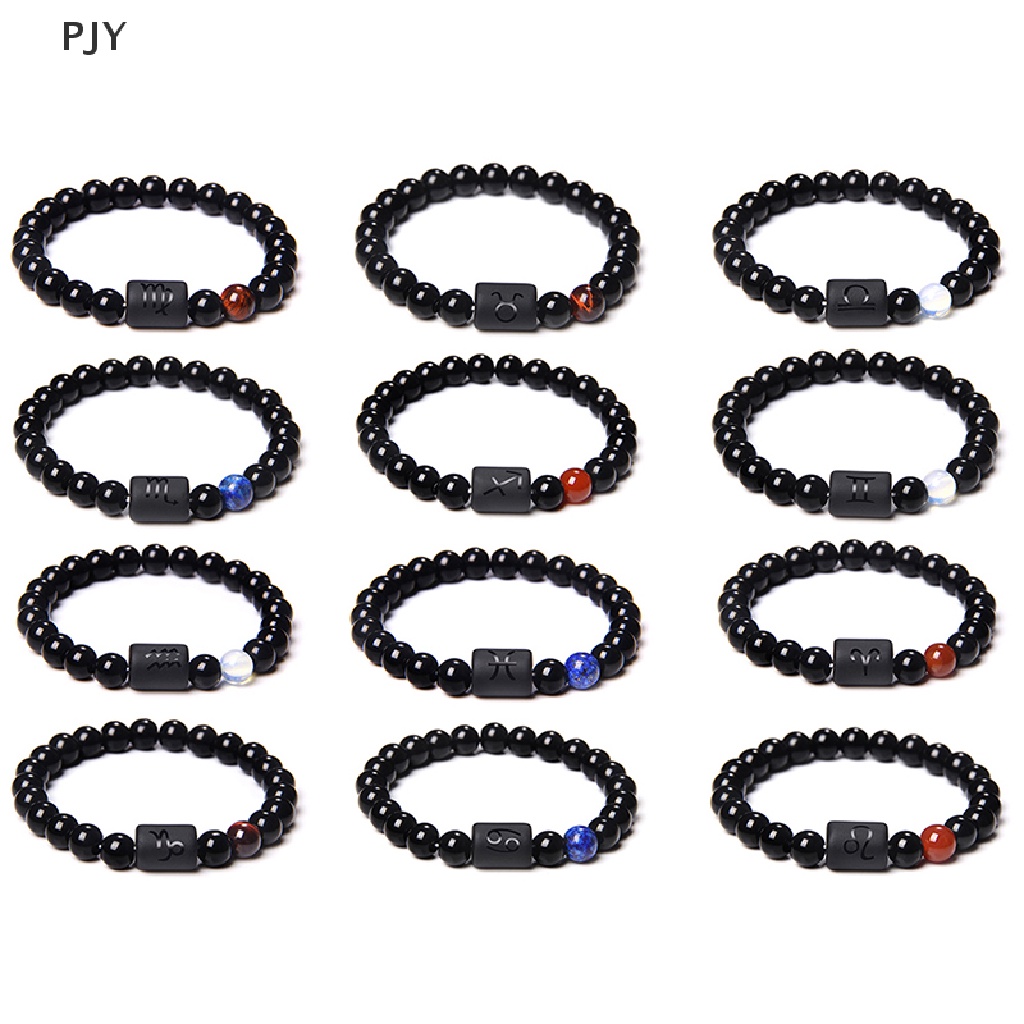 Vòng Tay Chuỗi Hạt Đá Onyx Co Giãn Mặt 12 Cung Hoàng Đạo Màu Đen Tự Nhiên Cho Cặp Đôi PJ