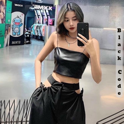Áo hai dây croptop chất da form ngắn khóa kéo sau lưng BLACKCODE