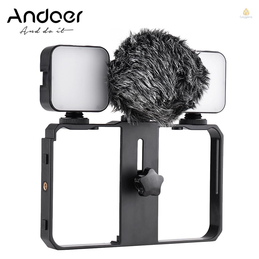 Bộ Khung Điện Thoại Thông Minh Andoer Mini Kèm 2 Đèn LED + Microphone Mini + Giá Đỡ Điện Thoại Cầm Tay + Giá Đỡ 3 Chân Chống Sốc