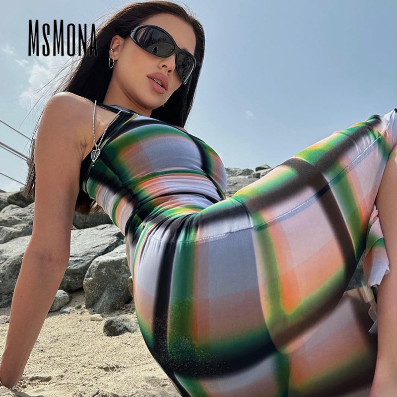 Đầm Lưới Cổ Tròn Không Tay Xuyên Thấu Họa Tiết Kẻ Sọc Màu Tương Phản Thời Trang 2023 Cho Nữ