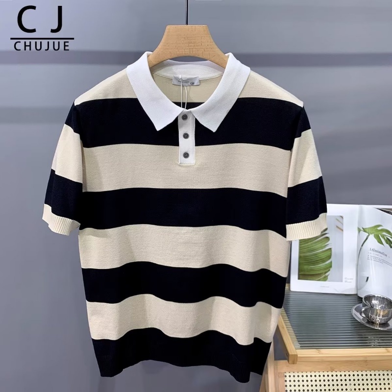 Áo Thun polo Dệt Kim Tay Ngắn Dáng Rộng Họa Tiết Kẻ Sọc Thời Trang Mùa Hè Cho Nam