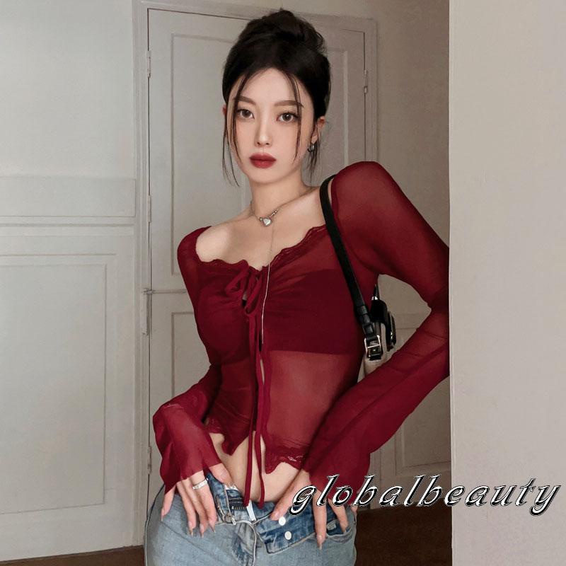 Áo Thun Crop Top Tay Dài Phối Ren Lưới Cổ Thấp Thời Trang Xuân Hè Cho Nữ