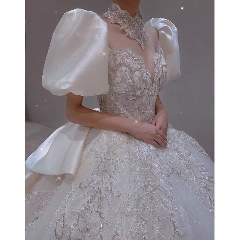 OFF WHITE Áo Cưới Vải Satin Tay Phồng Màu Trắng Đen Cho Cô Dâu