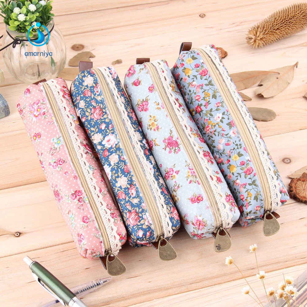 (Shop Amart) Túi Đựng Bút In Hoa Có Dây Kéo Thời Trang