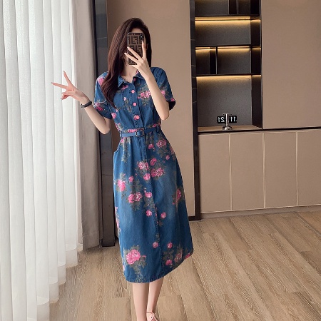 Mới Đầm Denim Dài Qua Gối Phong Cách Retro Thời Trang