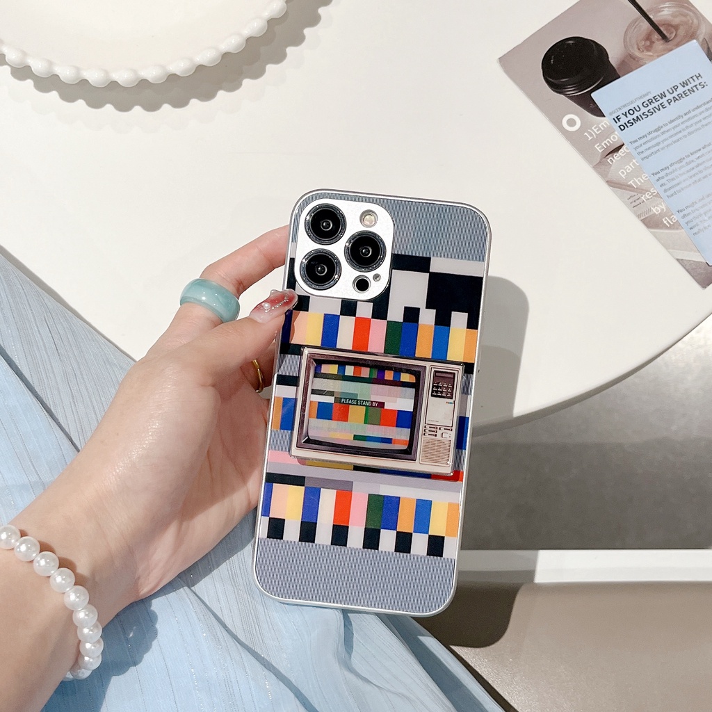 Ốp Điện Thoại TPU Silicone Mềm Mạ Điện Hình TV Sáng Tạo Có Giá Đỡ Bảo Vệ Toàn Diện Cho iPhone 14 13 12 11 PRO MAX