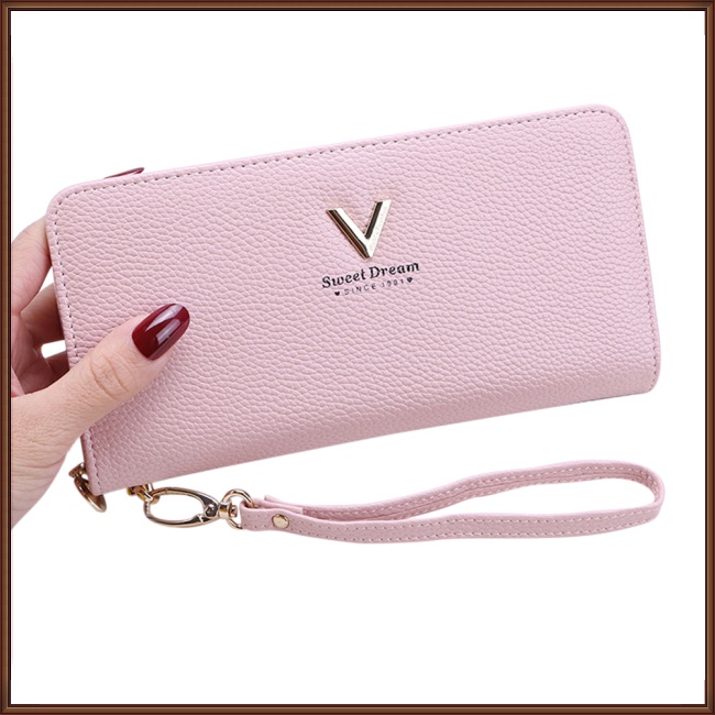 Ví Da Mỏng Đựng Thẻ Tín Dụng In Chữ V Kèm Dây Đeo Cổ Tay Thời Trang Cho Nữ