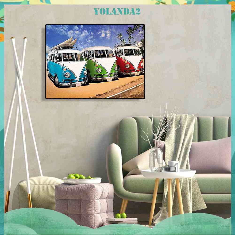 Tranh Đính Đá Kim Cương Toàn Bộ 5D DIY Hình Xe Buýt Trên Bãi Biển