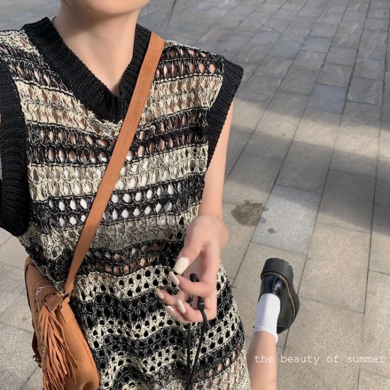 Áo thun không tay ba lỗ dệt kim lỗ tua rua dáng dài sọc ngang đen cổ viền bao zip hoang dã ulzzang