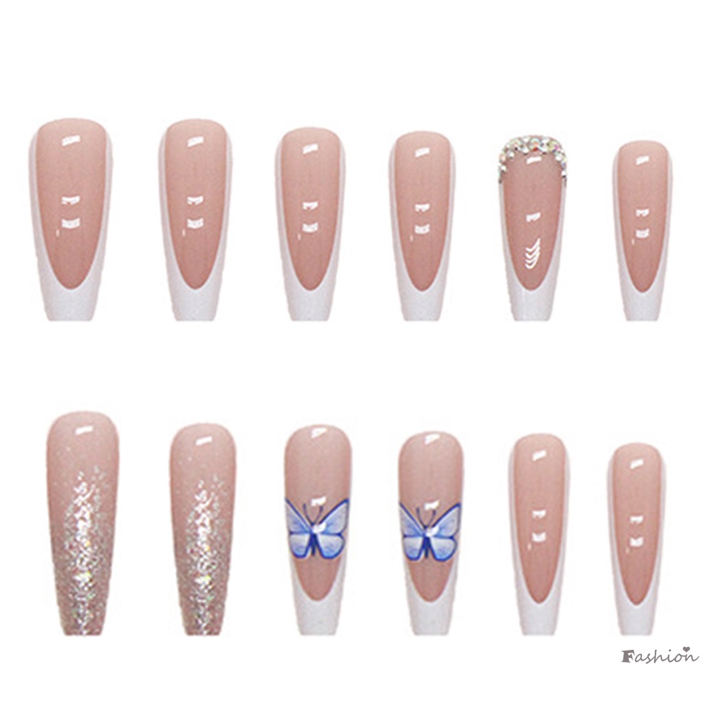 Bộ Móng Tay Giả Hình Bướm Màu Trắng / Xanh Kèm Keo Dán
