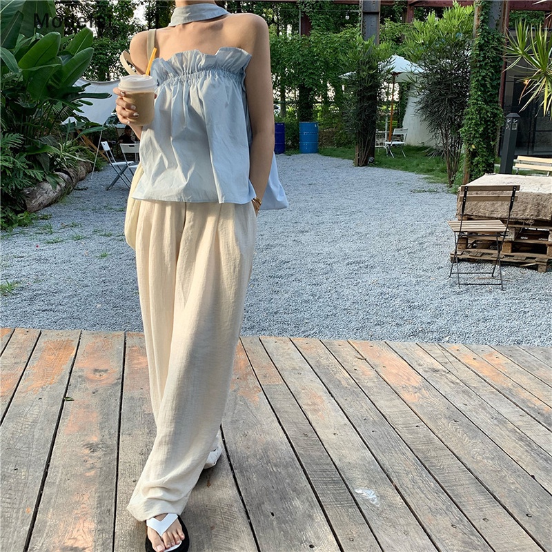 Áo Hai Dây Mùa Hè Dáng Suông Không Tay Màu Trơn Có Diềm Xếp Nếp Cho Nữ