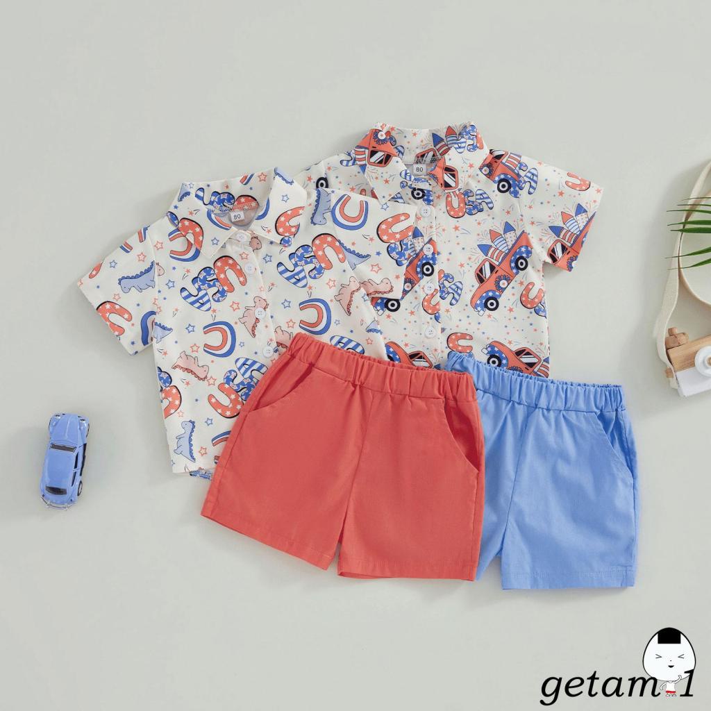 Bộ Trang Phục 2 Mảnh Gồm Áo Sơ Mi Tay Cộc Cổ Bẻ In Họa Tiết Ngôi Sao + Quần Short Màu Trơn Cho Bé Trai