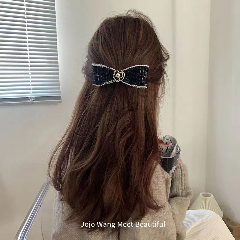Kẹp Tóc Nơ Đính Hoa Trà Vải Tweed Thanh Lịch Cho Nữ