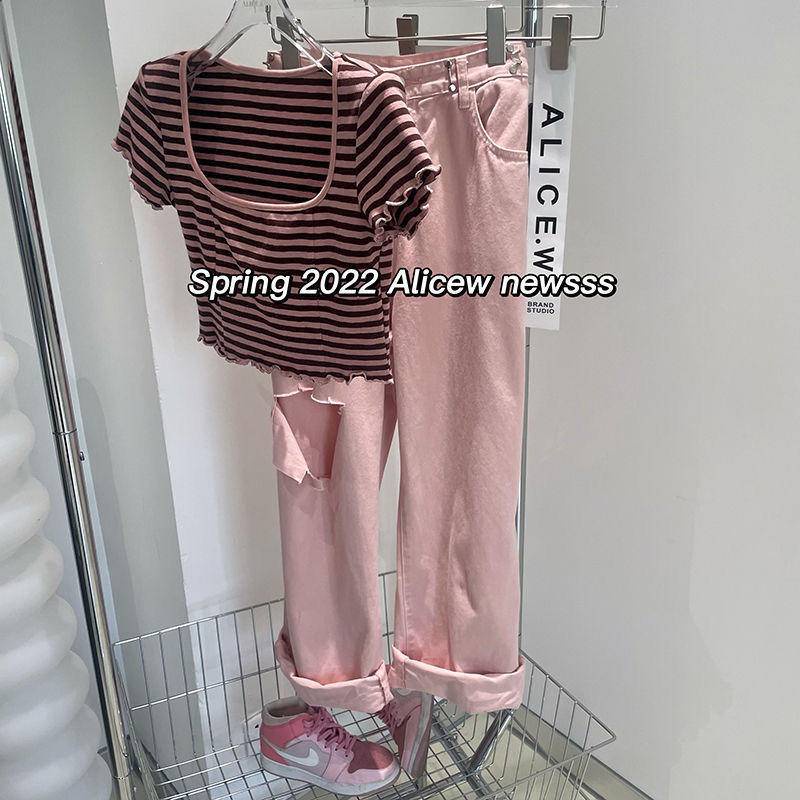 Set Áo Thun Ngắn Tay Kẻ Sọc Ngang Và Quần Short Denim Thời Trang Mùa Hè Mới Cho Nữ