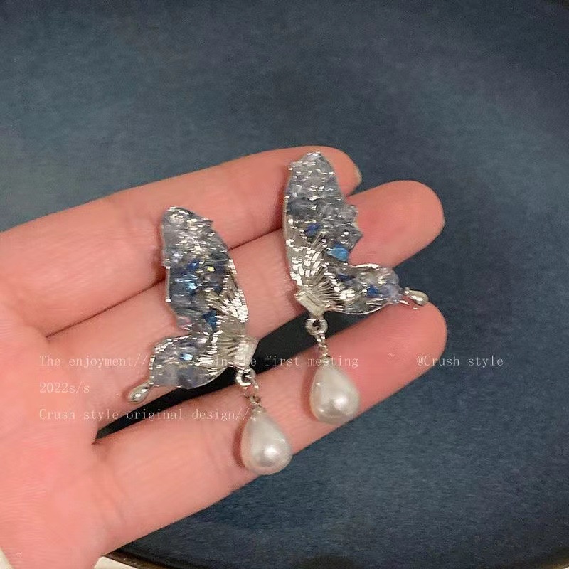 Bông Tai Hình Bướm Đính Ngọc Trai Nhân Tạo Thời Trang Dành Cho Nữ