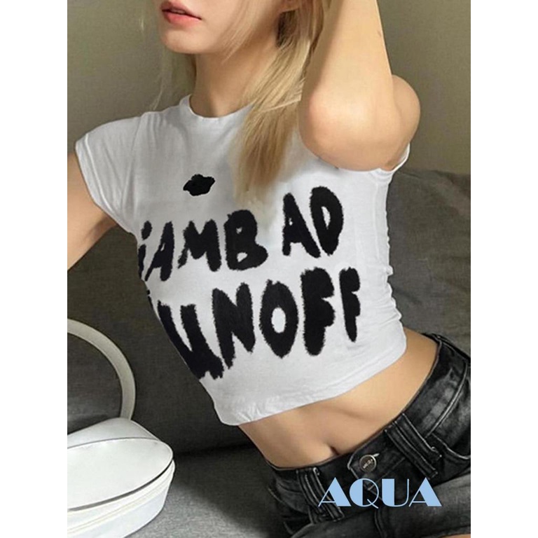 Áo Thun Crop Top Tay Ngắn Cổ Tròn In Chữ Thời Trang Mùa Hè Cho Nữ