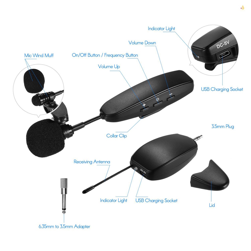 Hệ Thống Micro Không Dây UHF 2 Bộ Phát Và 1 Bộ Thu Phát Cho Loa Điện Thoại / Máy Tính / Máy Tính / Dạy Học