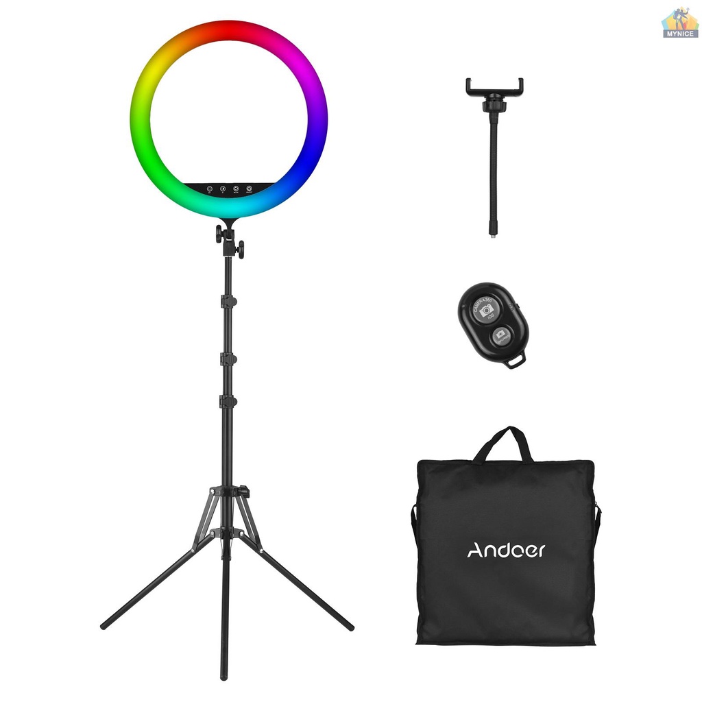 ANDOER Vòng Đèn LED 18 Inch RGB 2500K-8500K Cảm Ứng Điều Chỉnh Được + 190cm / 75in Kẹp Điện Thoại Linh Hoạt + Dây Điện Thoại