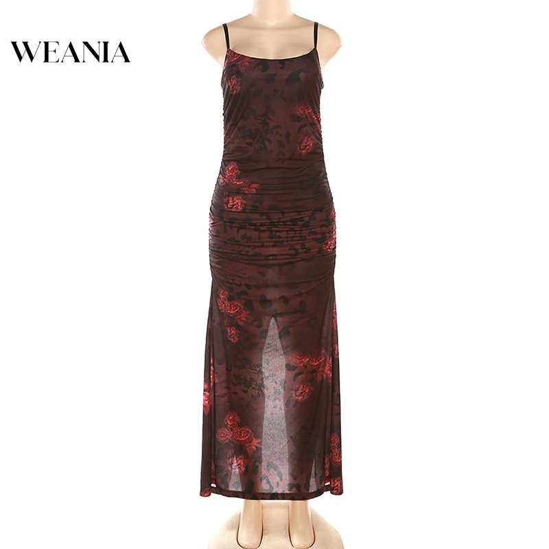 Đầm Dài Xẻ Tà In Họa Tiết Phong Cách Retro Cho Nữ