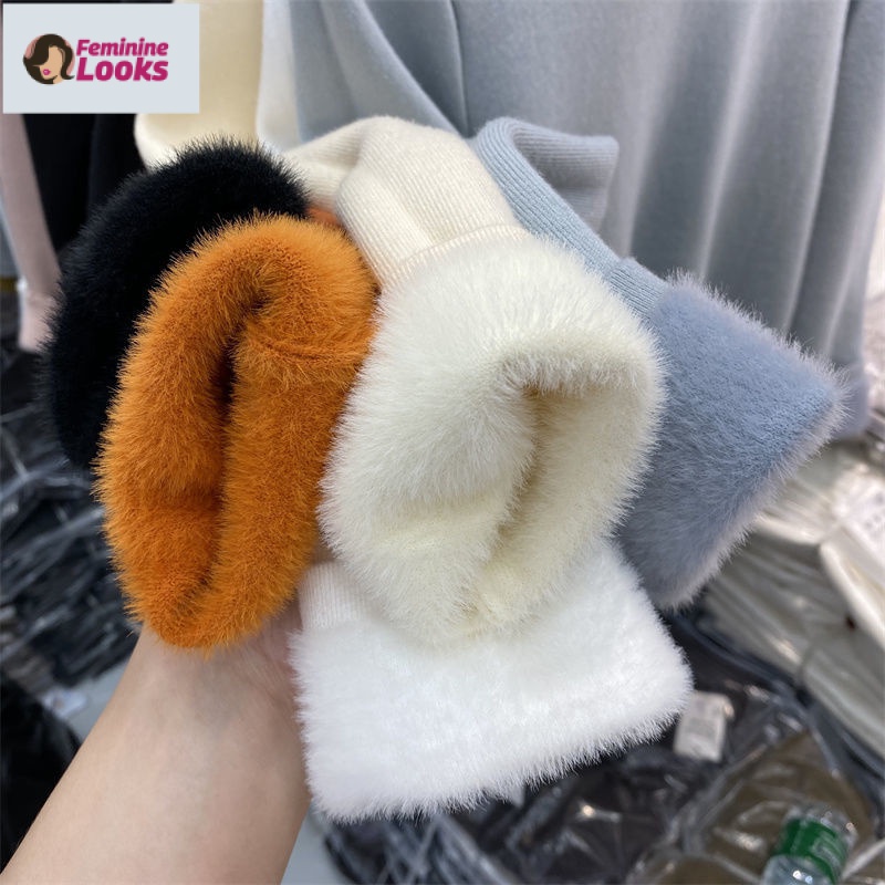 Áo Dệt Kim Tay Dài Cổ Cao Lót Lông Cừu Dày Màu Sắc Đơn Giản Thời Trang