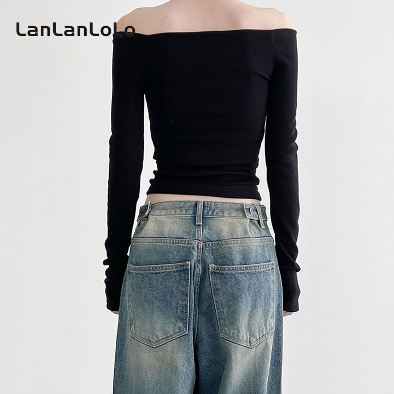 Áo thun LanLanLoLo tay dài dáng ôm trễ vai màu trơn quyến rũ 2023 cho nữ