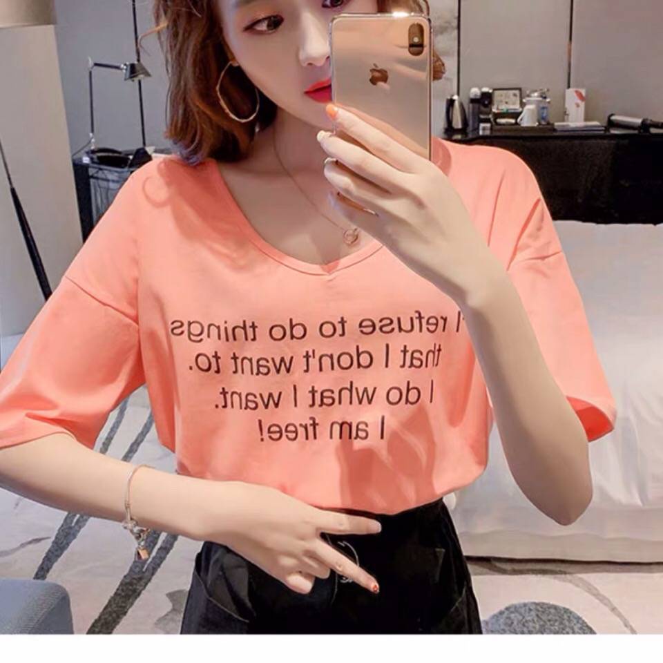 Áo Thun Tay Ngắn Dáng Rộng Cổ Chữ V Thiết Kế Mới 2023 Phong Cách Hàn Quốc Cho Nữ