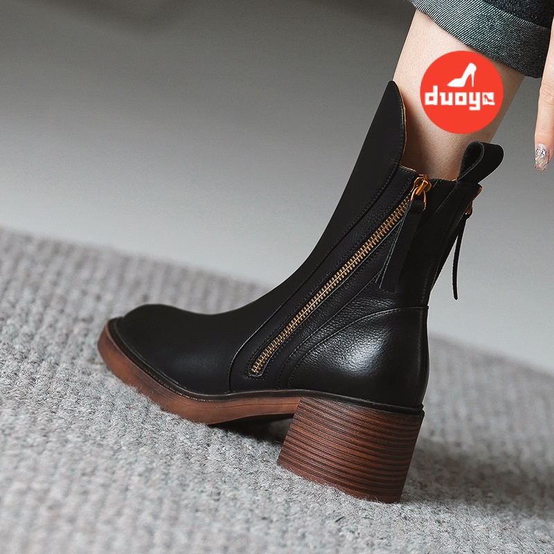 Duoya Giày Bốt Martin Da Mềm Gót Dày Màu Nâu Phong Cách Anh Quốc Cho Nữ