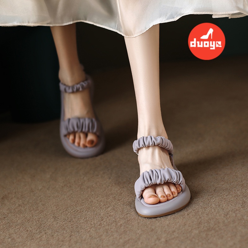 Duoya Tóc Thẳng ~ [Hàng Có Sẵn] Giày Sandal Xếp Ly Dây Đeo Một Dây Cỡ Lớn Dễ Phối Đồ Mùa Hè Dày Dặn Cho Nữ Miễn Phí Vận Chuyển