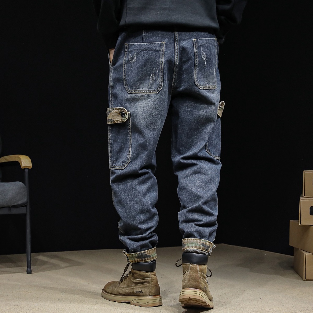 Quần Jean Dài Dáng Rộng Phối Nhiều Túi Phong Cách Retro Cá Tính Cho Nam