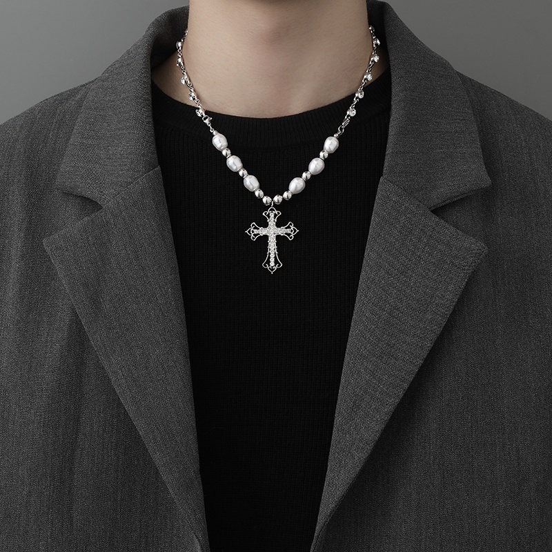 Vòng cổ Chuỗi Ngọc Trai Mặt Thánh Giá Phong Cách Hip Hop Thời Trang Cho Nam Và Nữ