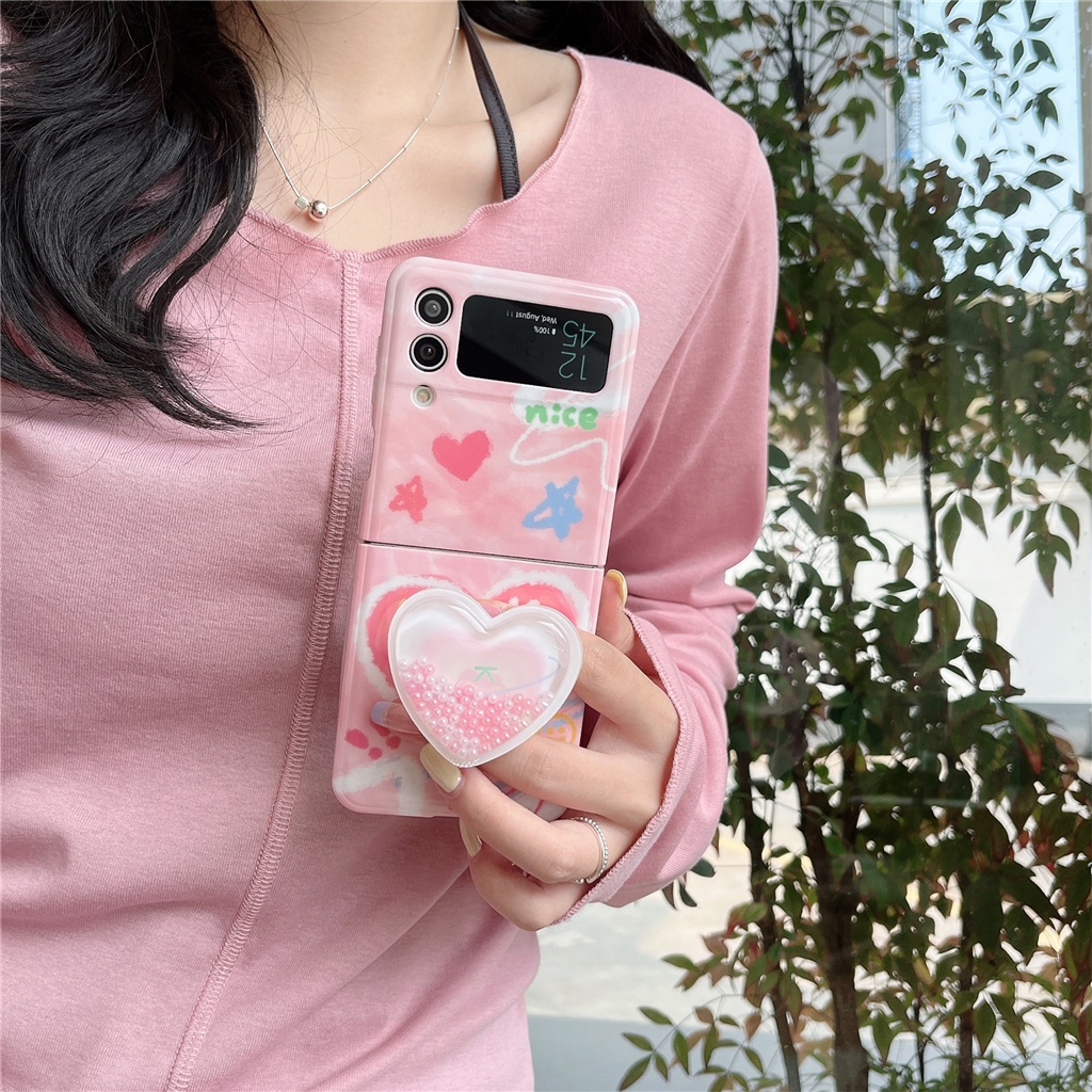 Ốp Điện Thoại Họa Tiết Trái Tim 3D Dễ Thương Kèm Dây Đeo Tay Cho Galaxy Z Flip3 5G Z Flip3 Zflip3 Flip4 Zflip4