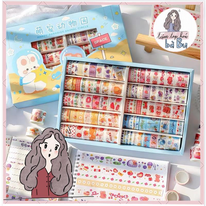 Hộp 100 cuộn washi tape dễ thương dùng để trang trí sổ tay (có tách lẻ 20 cuộn)