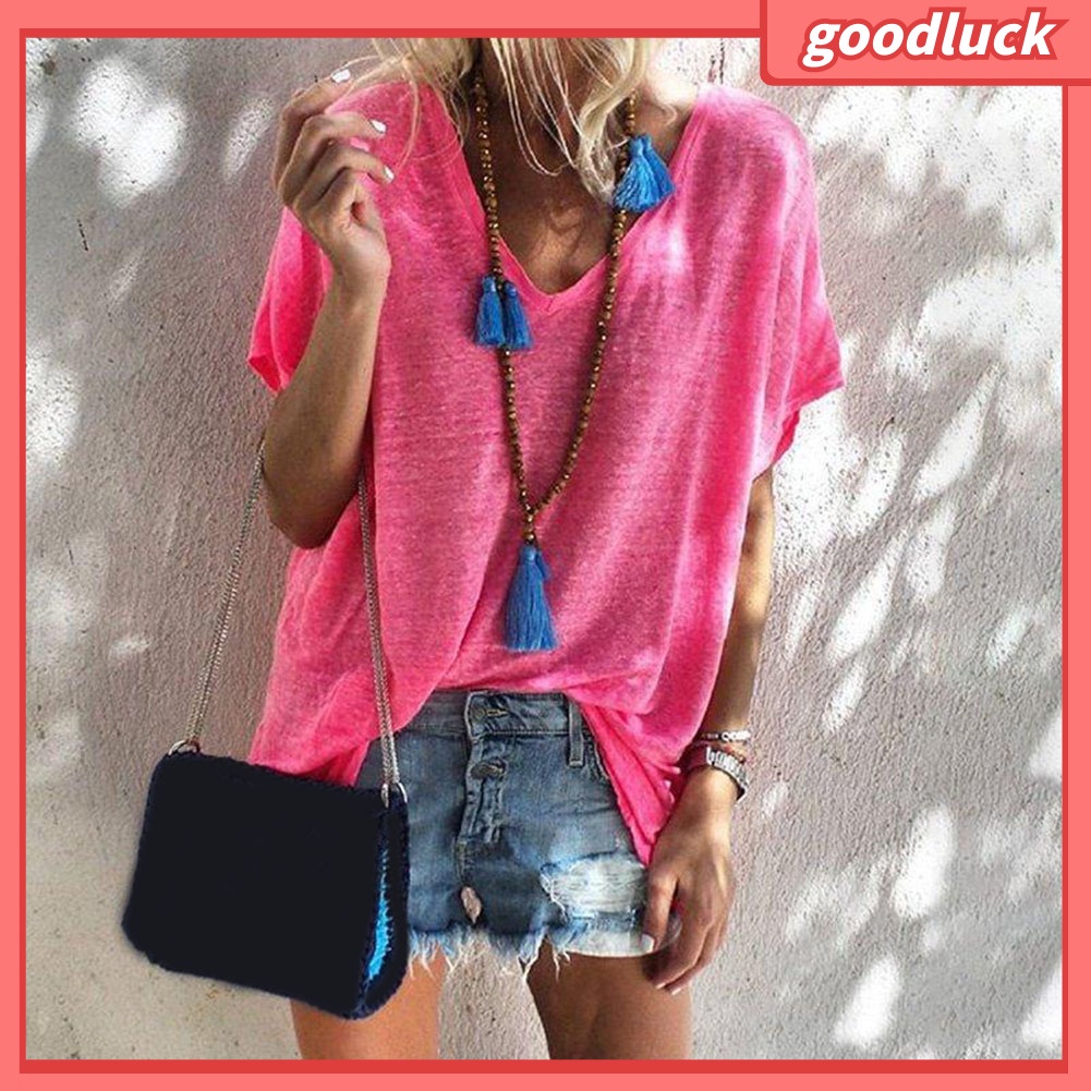 Áo Thun Tay Ngắn Cổ Chữ V Màu Sắc Đơn Giản Dành Cho Nữ