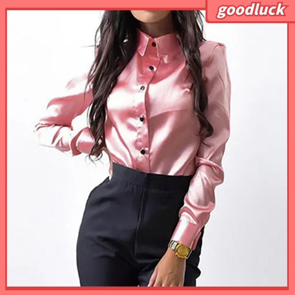 [ULK] Áo Sơ Mi Satin Dáng Rộng Tay Dài Cổ Bẻ Một Hàng Nút Màu Trơn Phong Cách Mùa Xuân Cho Nữ