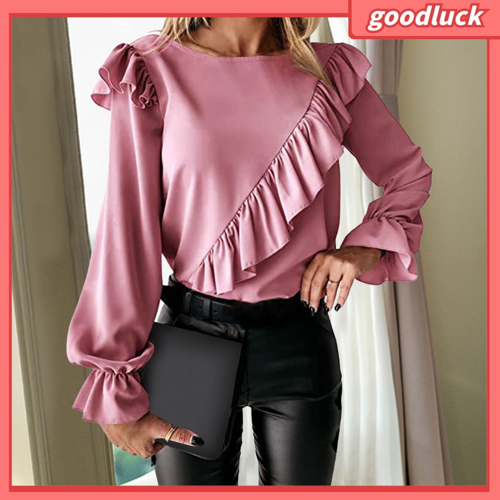 Áo Thun Tay Dài Cổ Tròn Phối Bèo Màu Sắc Trơn Phong Cách Đường Phố Thời Trang Mùa Thu Cho Nữ