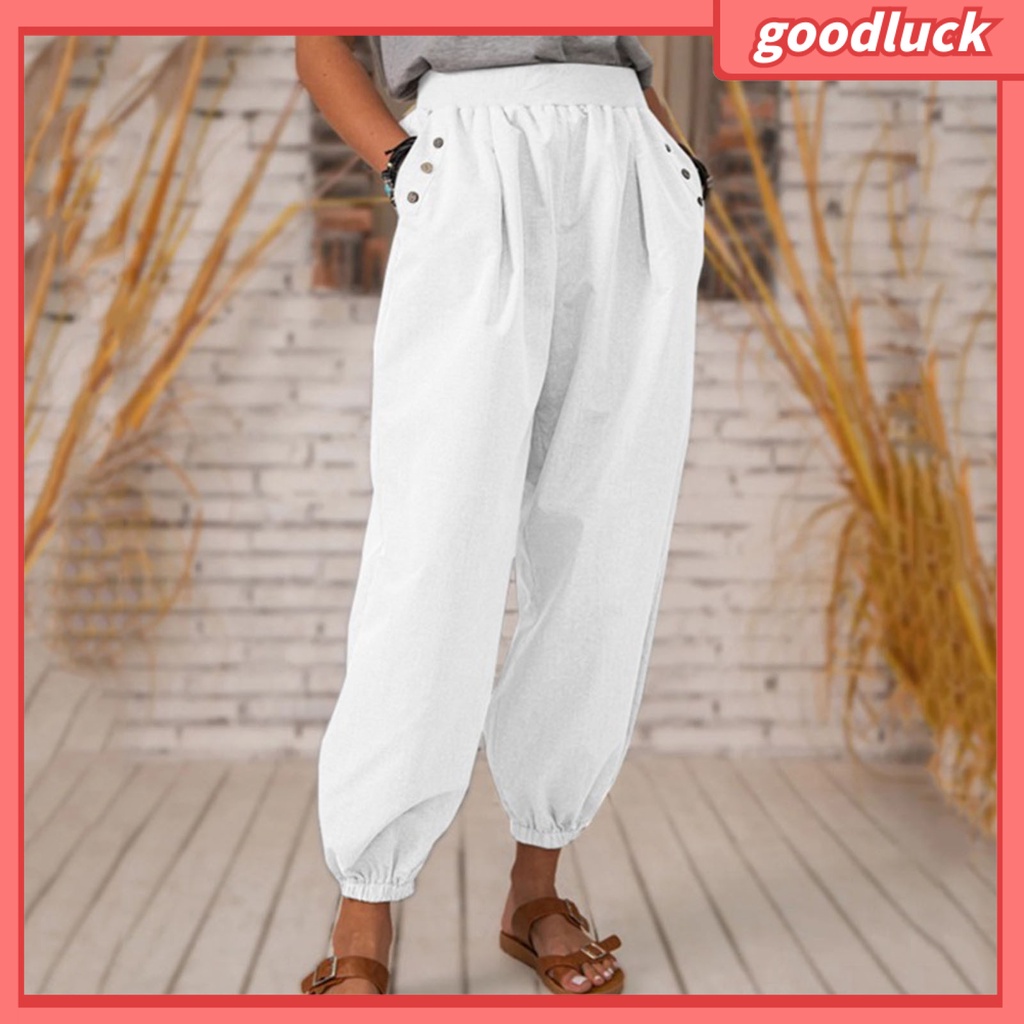 Quần Lửng Lưng Thun Màu Trơn Có Túi Đính Nút Trang Trí Đường Phố Cho Nữ