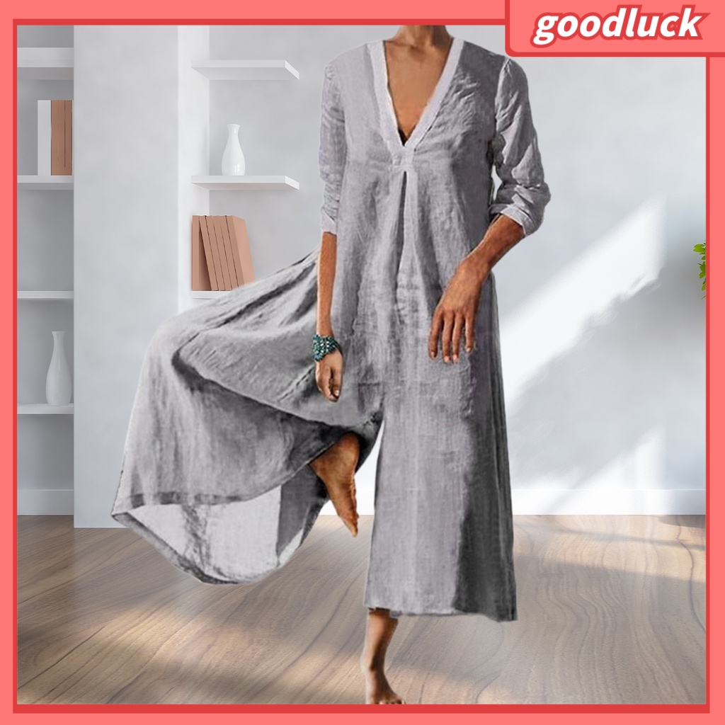 Áo Liền Quần Cổ Chữ V Tay 3 / 4 Ống Rộng Màu Sắc Trơn Thời Trang Mùa Thu Cho Nữ