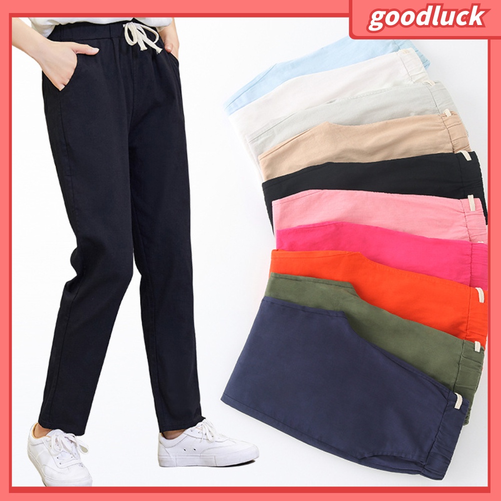 Quần Harem Vải Lanh Màu Trơn Dáng Rộng Có Túi Dây Rút Dành Cho Nữ