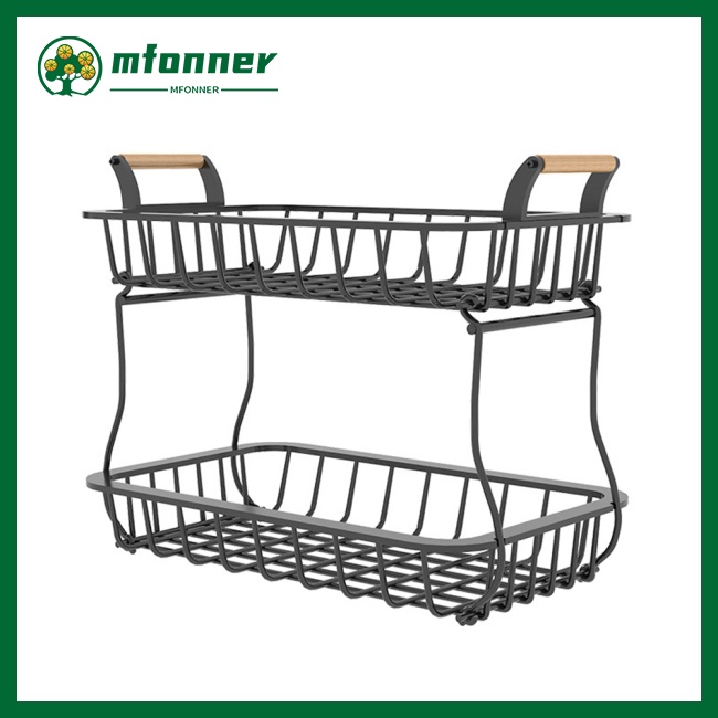 Rổ Đựng Trái Cây 2 Tầng Bằng Dây Kim Loại Có Tay Cầm Bằng Gỗ