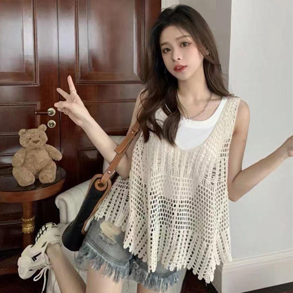 Áo Dệt Kim Sát Nách Cổ Chữ V Khoét Sâu Phong Cách Retro Đi Biển Cho Nữ