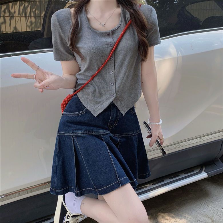 Set Áo Thun Ngắn Tay Và Chân váy jean Thời Trang Mới Cho Nữ
