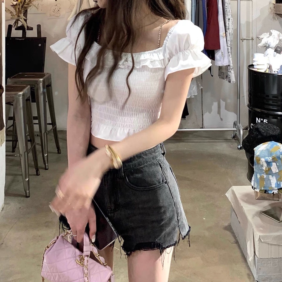 Áo baby tee Thun croptop Kiểu Trễ Vai Tay Phồng Phối Dây Xích Thời Trang Cho Nữ