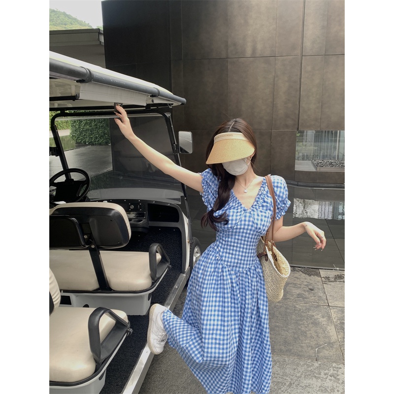 Đầm Dài Tay Ngắn Cổ Chữ V Họa Tiết Caro Thời Trang Cho Nữ